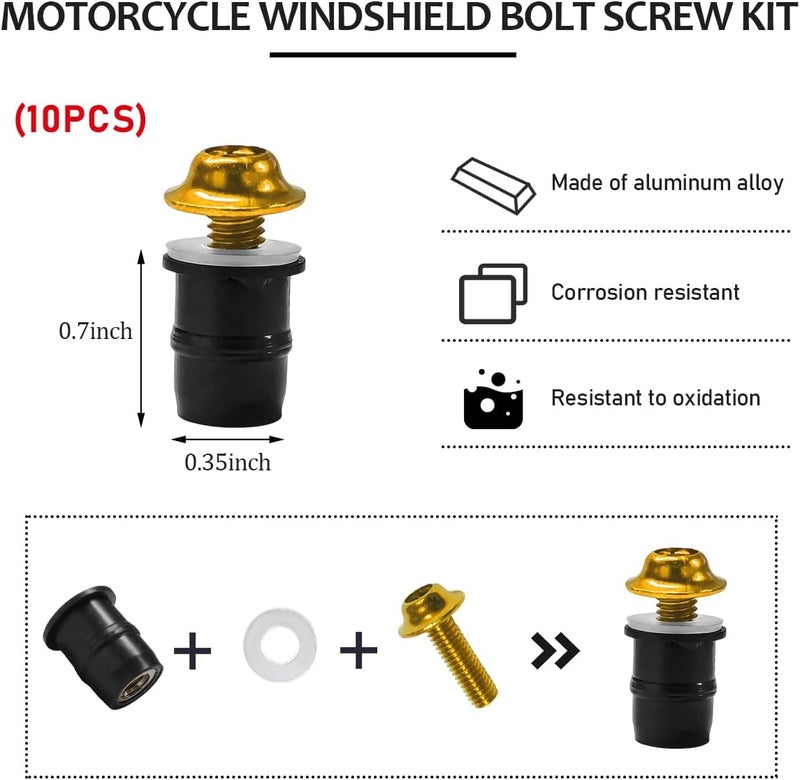 KVAEY 10 PCS Motorcycle Windshield Bolt Screw Kit, Aluminum Alloy Windscreen Mounting Bolt Screws, Universal Windshield Screws Bolts Nuts for Motorcycle Fairings, Car Accessories (Gold) - Image 2